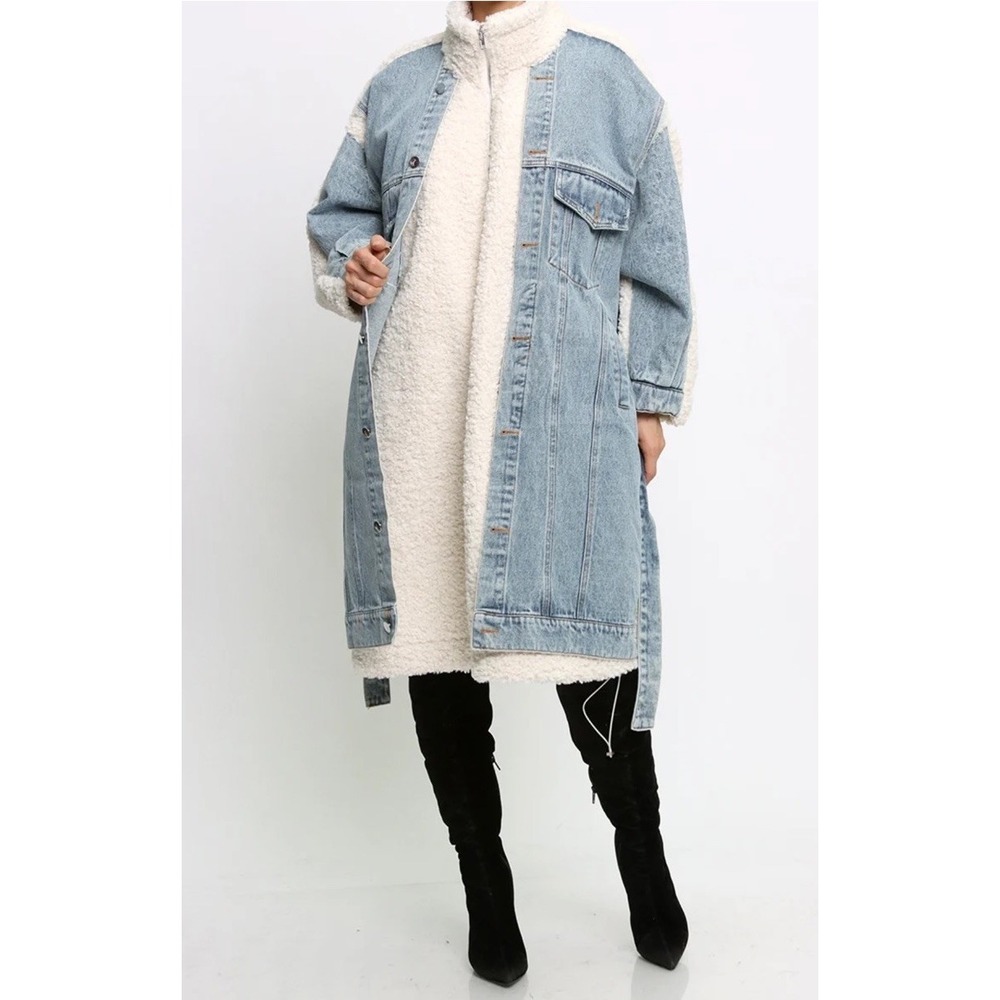 Nichole Lynel Oversized Mixed Media Long Denim Sherpa Duster Jacket Coat Size M